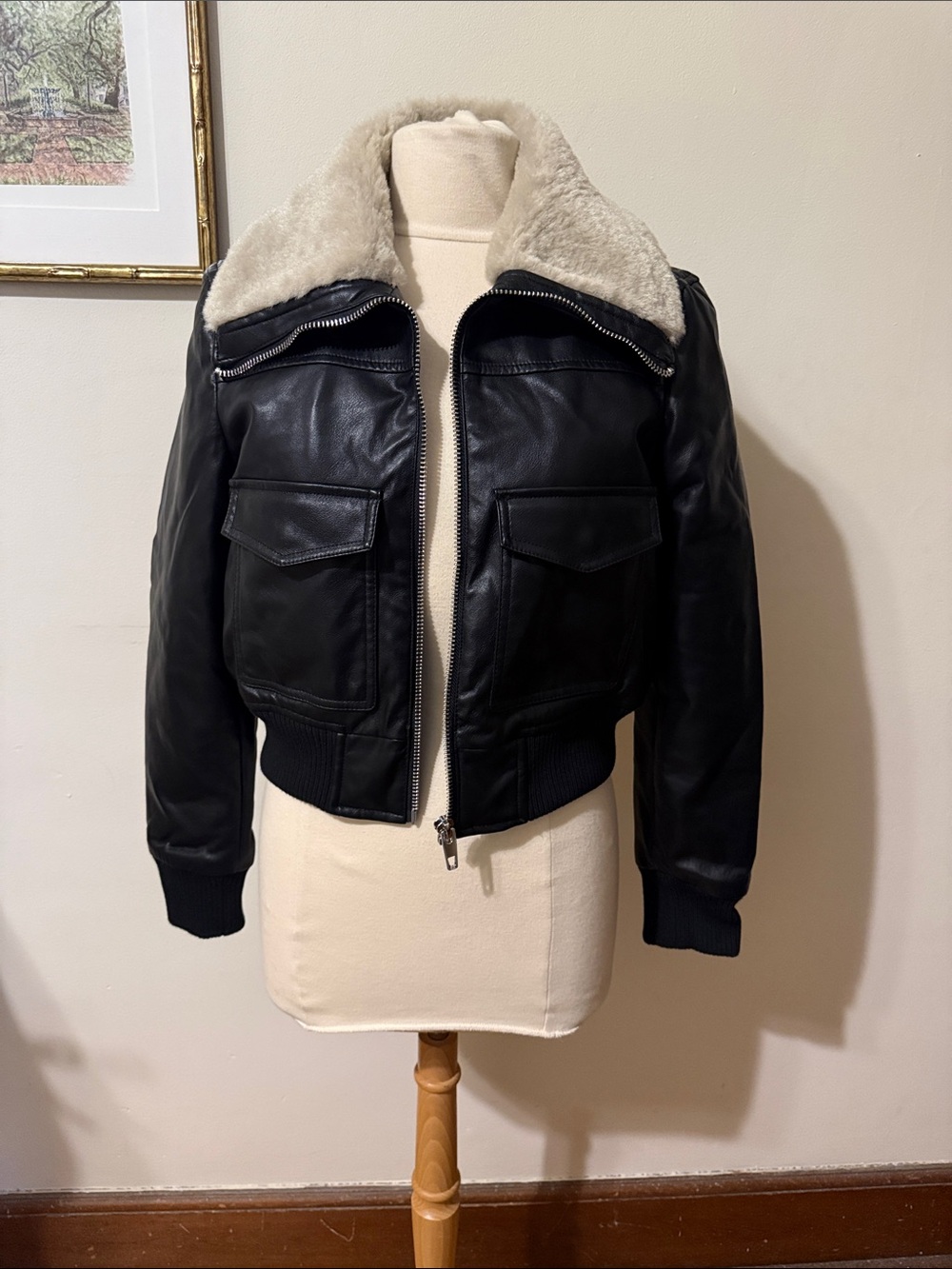 Mango Black Leather Bomber Jacket with Cream Faux Shearling Collar